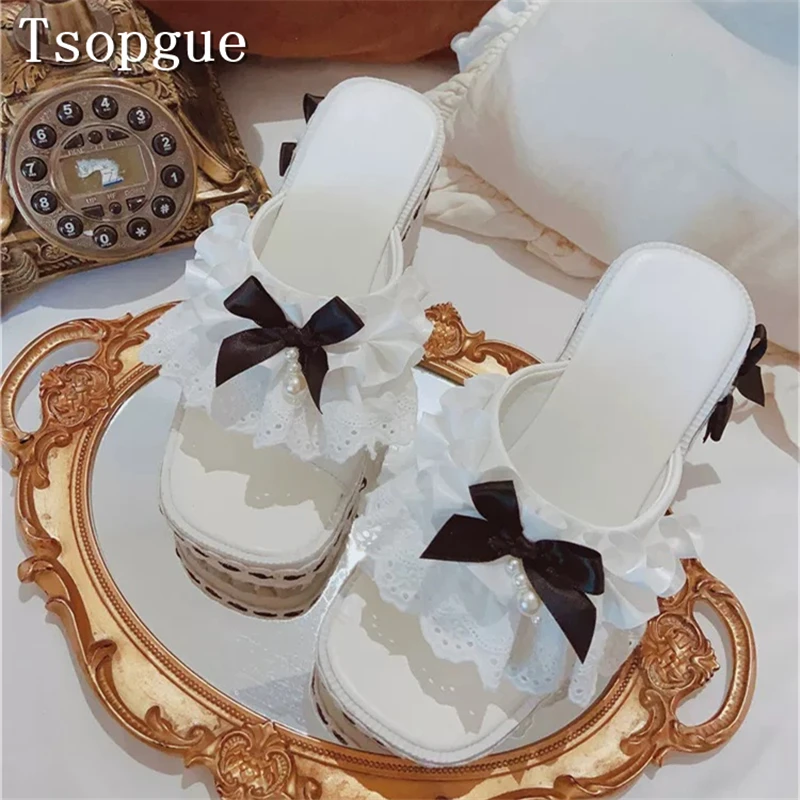 White Ruffled Lace Black Bow Lolita Mules Open Toe Platform Wedge Slide Sandals Princess Style Bridal Prom Summer Dress Shoes - view 4