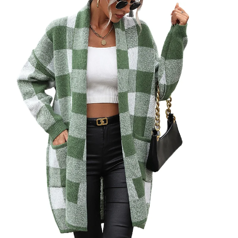 2023 Autumn And Winter Women's Temperament Elegant Knitted Sweater Thick Coat Round Neck Plaid Loose Fashion Casual Cardigan