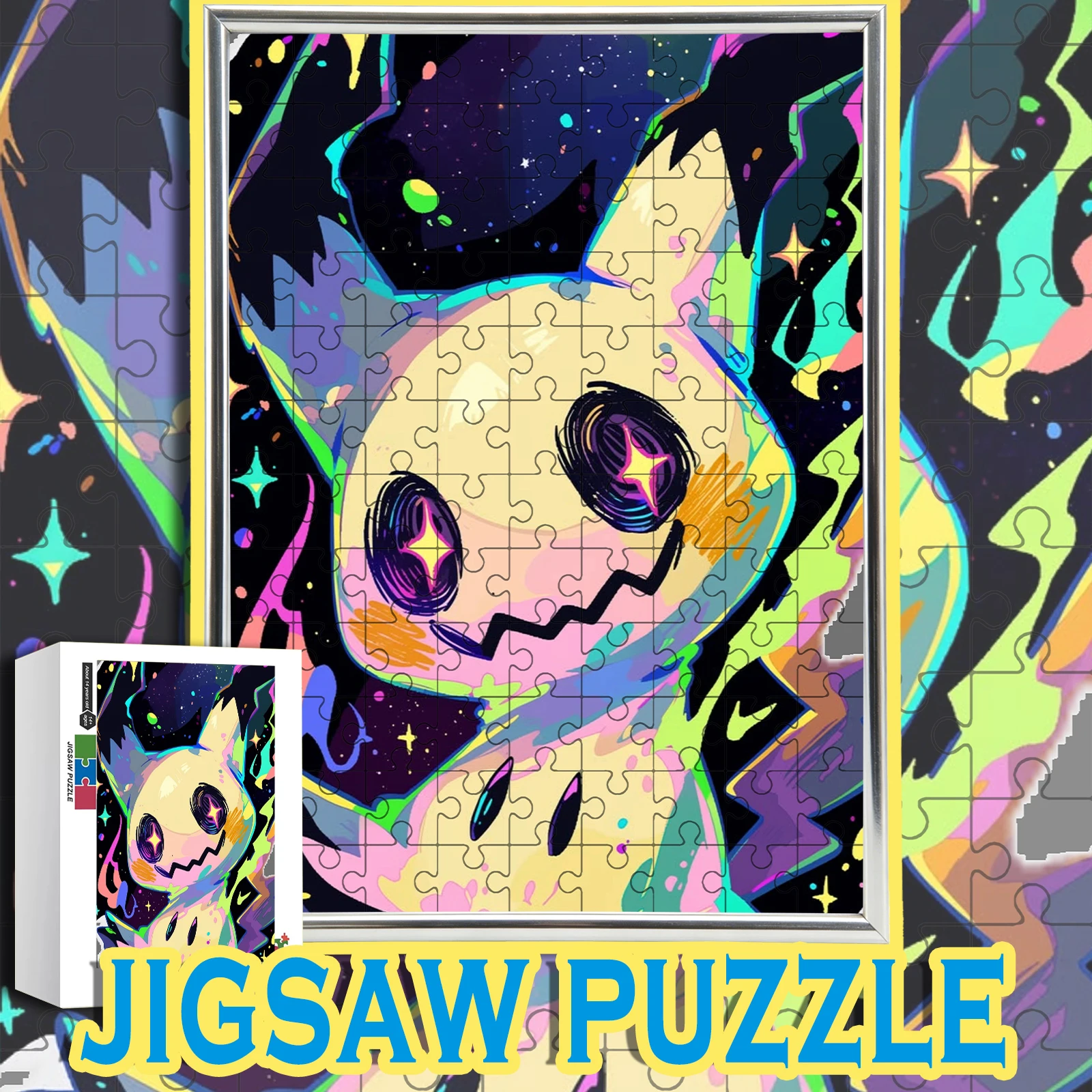 quebra-cabeca-de-madeira-mimikyu-com-fundo-abstrato-neon-estrelado-108-200-300-500-1000-pecas-caixa-colorida