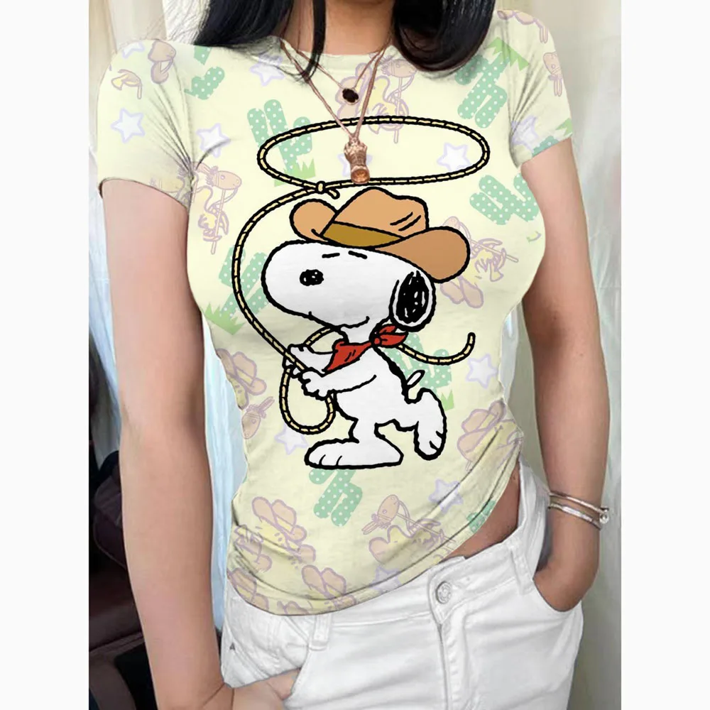 Basic short sleeved women\'s T-shirt Snoopy print top women\'s fashion Korean T-shirt round neck tight top