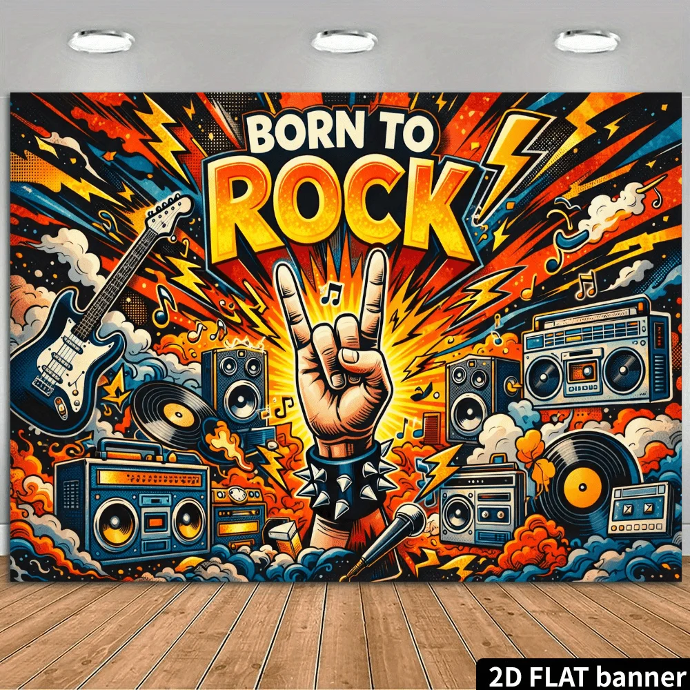 2D scene: Rock style theme "Born to Rock", vintage speaker set, and cloud and lightning decorations