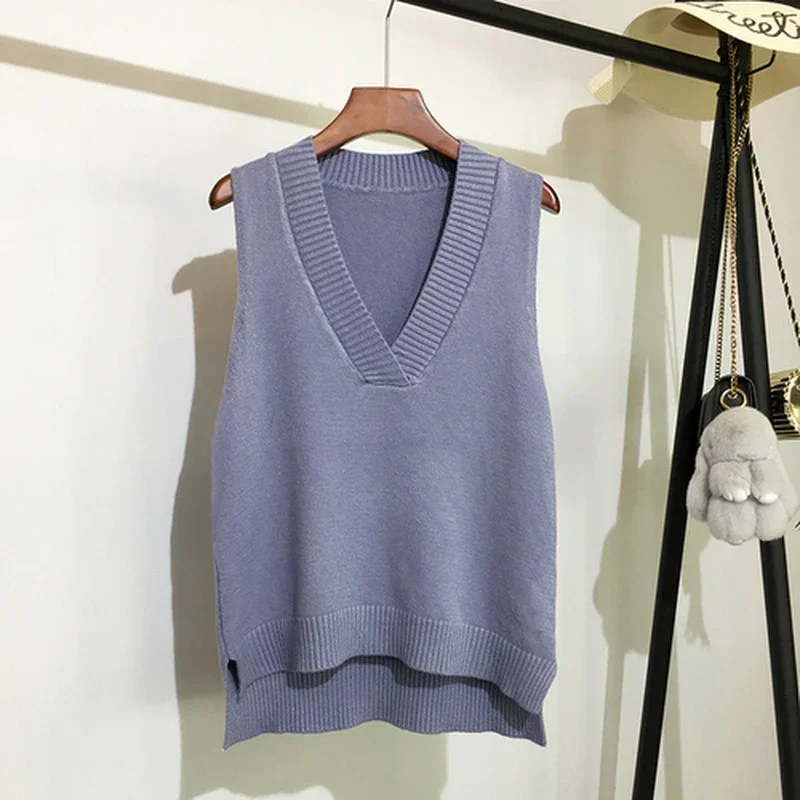 2024 Fashion New Sleeveless Loose Solid Color Women Vest Sweater V-neck Knitted Pullover Top Casual Elegant Knitwear