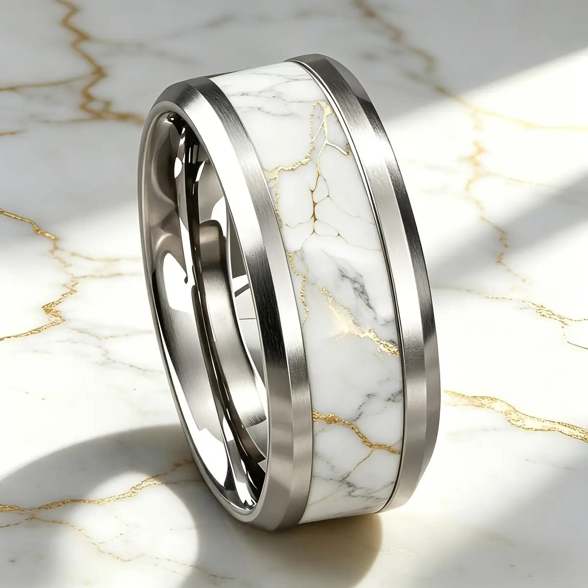 Modern Luxury White-Gray Inter-Golden Marble Texture Inlay Classic Stainless Steel Rings For Men Women Wedding Band Jewelry Gift