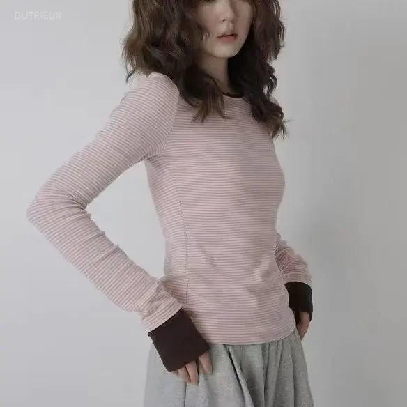 Y2k Long Sleeve T Shirt For Women Stripes Color Blocking Vintage Ropa De Mujer Versatile Korean Fashion T-shirts