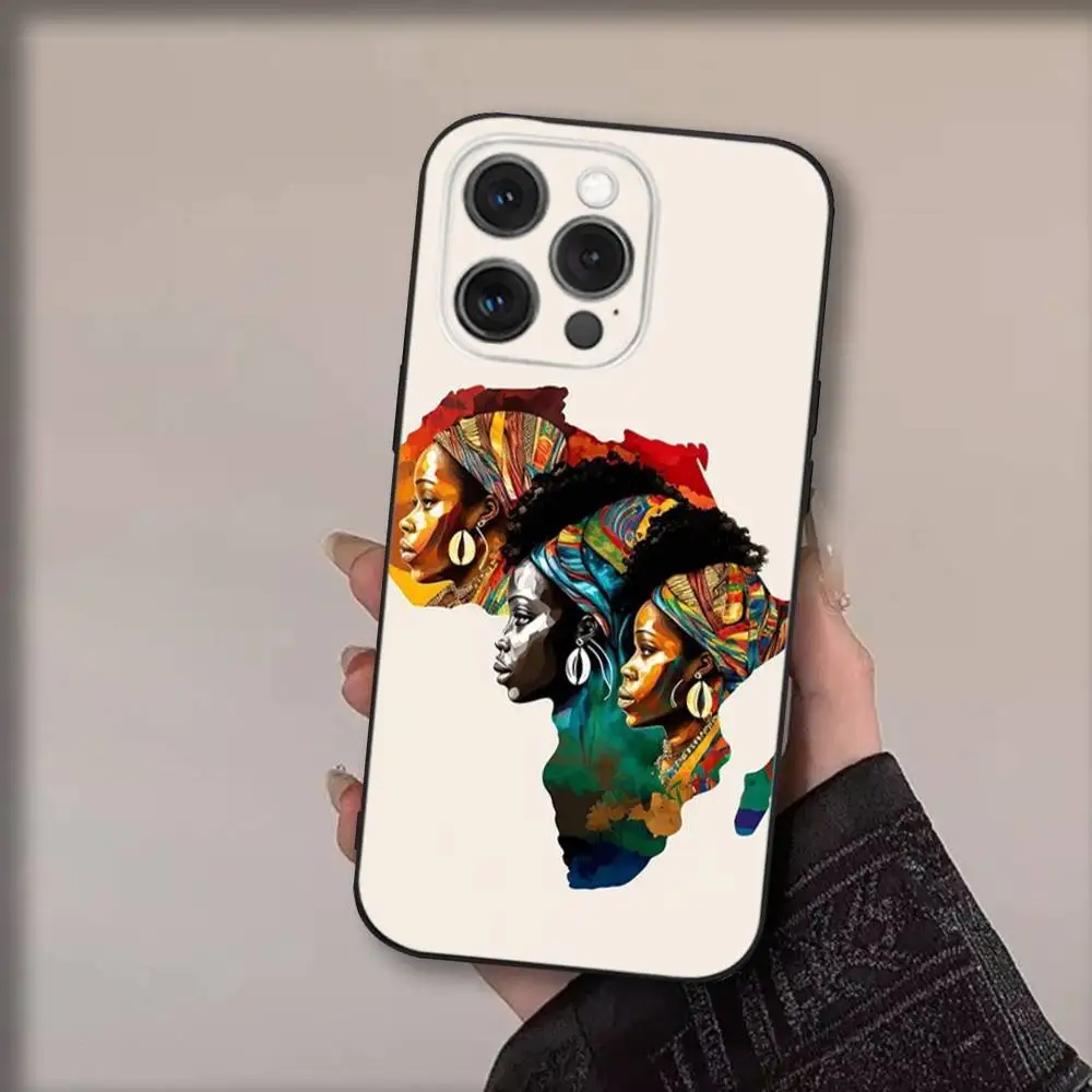 حافظة هاتف Geogra لخريطة أفريقيا لهاتف iPhone16,15,14,13,12,11,Pro,Max,Plus,X,XS,SE4,E,Mini,Soft Black Case