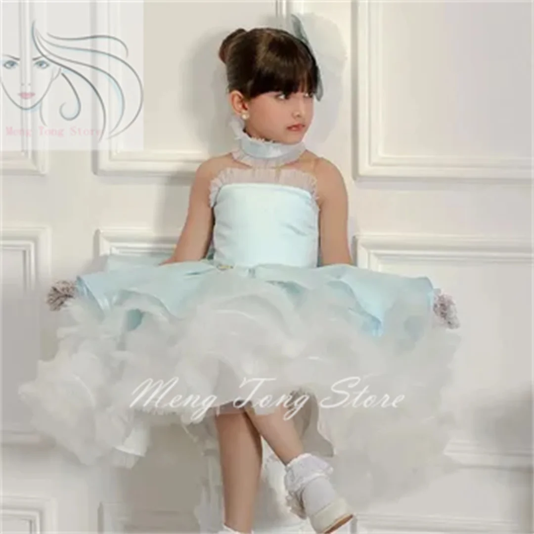 Blue Satin Puffy Flower Girl Dresses For Wedding Tulle Elegant Knee Length Kids Birthday Party Prom Dress Ball Gowns 2024