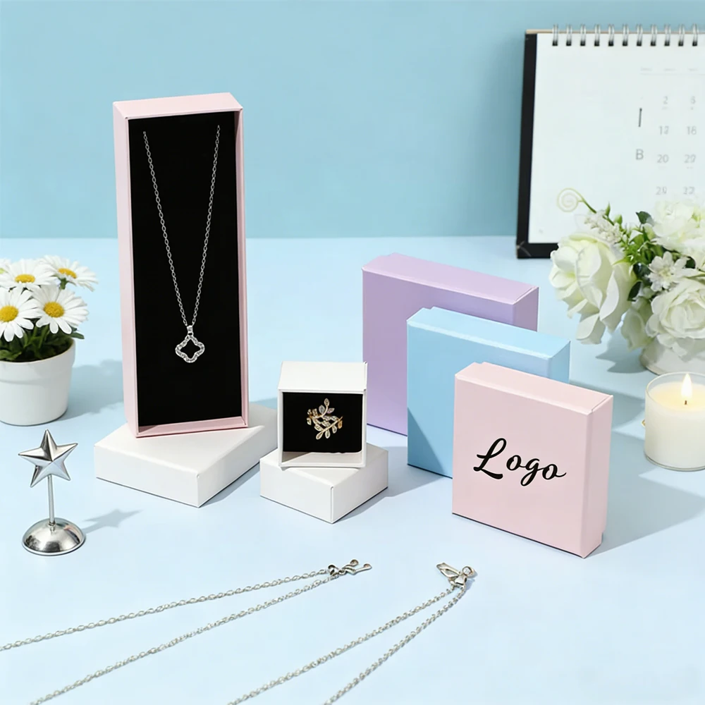 

50Pcs/Lot Personalized Logo Jewelry Box Rings Earrings Bracelet Necklace Boxes Organizer Packaging Paper Case Gift Container