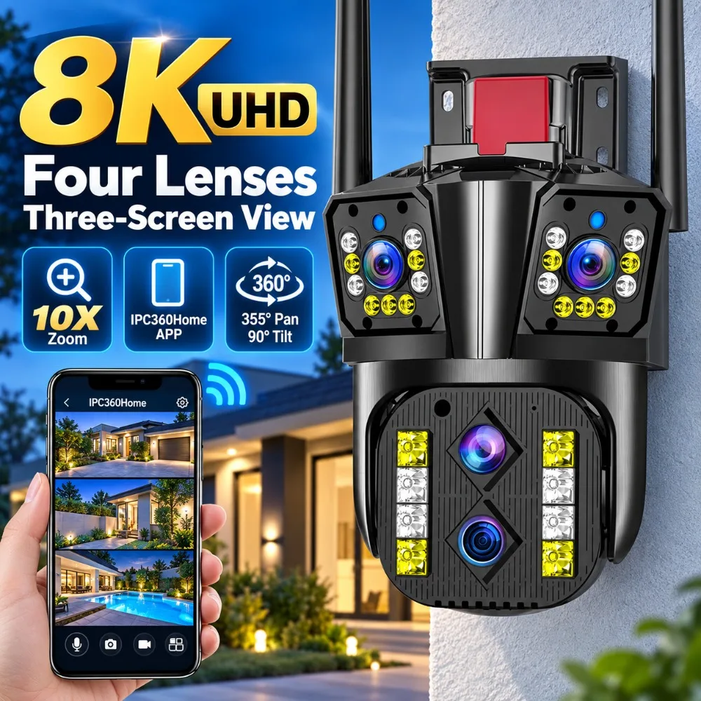 16MP 8K WIFI Camera Outdoor 10X Optical Zoom Four Lens Three Screen Waterproof Auto Tracking Security Surveillance Cameras CCTV
