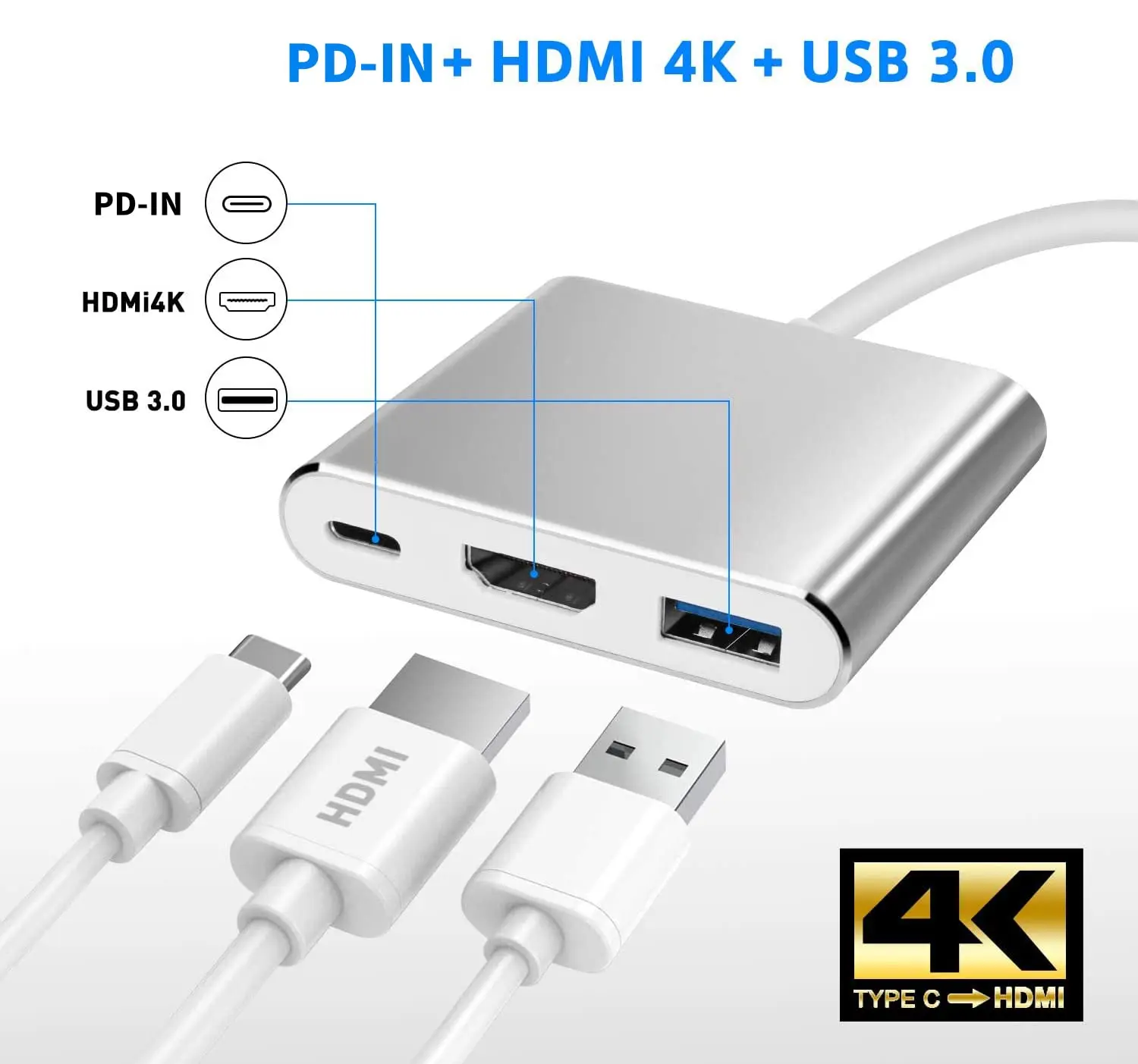 Adaptateur de câble USB Type C vers HDMI, répartiteur compatible, 4K HDMI vers Type C, PD 65W, charge rapide pour iPhone 15, Samsung, Huawei, 3 en 1