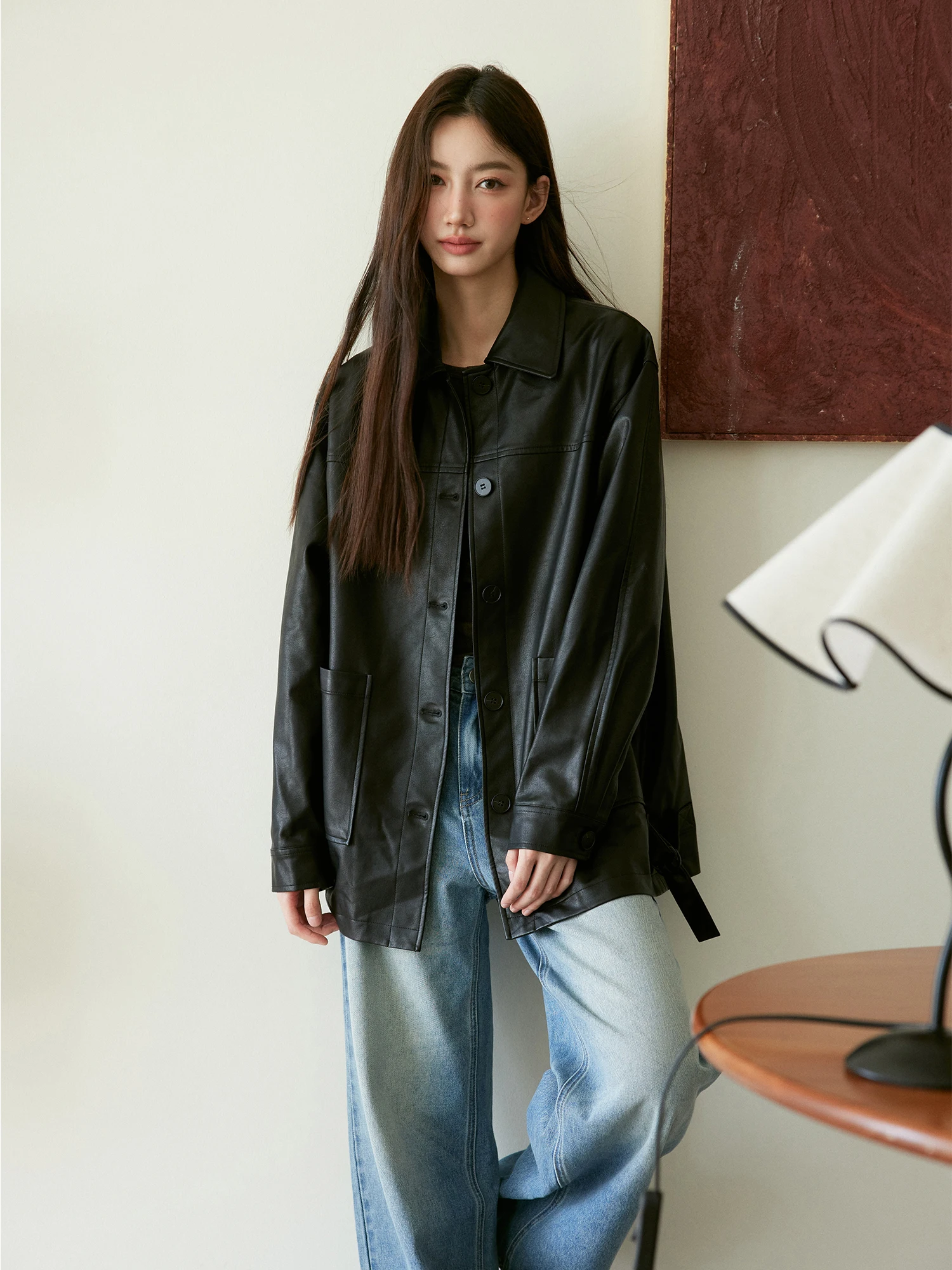 Retro high-end bla lederen jaet damesjas middellange turn-down kraag windjack bovenkleding van het merk RPB