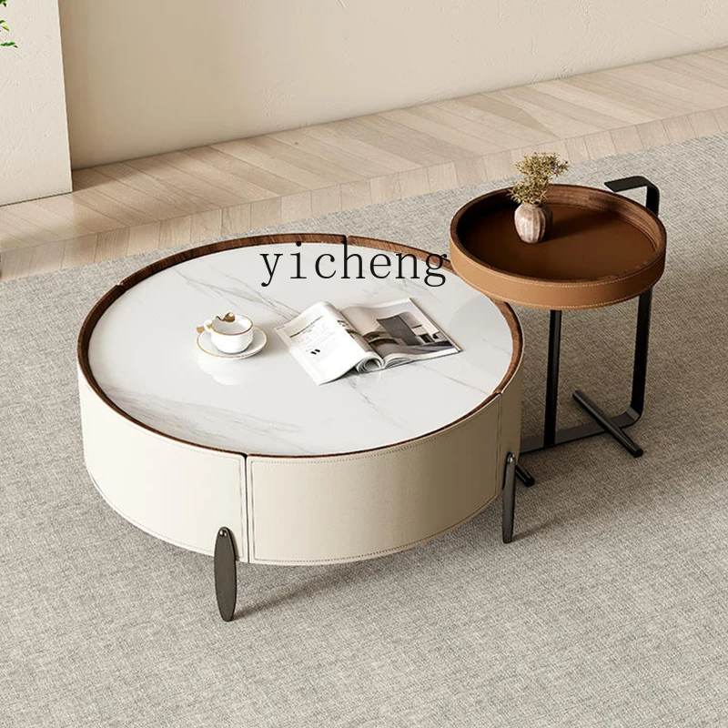 

TQH round rock slab coffee table combination modern simple saddle leather solid wood living room household side table