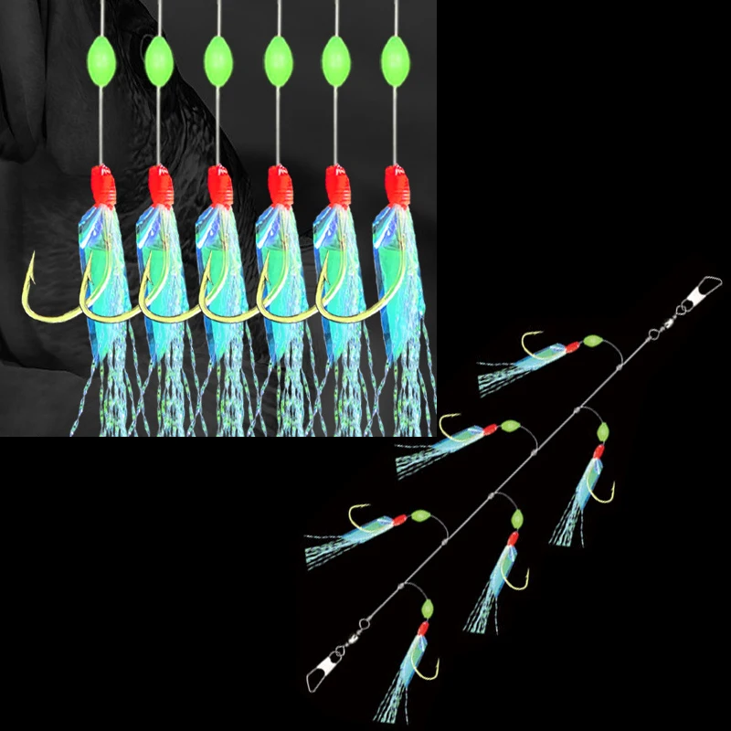 Conjunto de Anzóis Sabiki Lunker com Penas Refletivas, Fio Vermelho e Contas Luminescentes