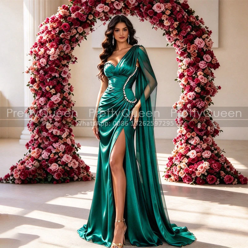 One Shoulder Long Bridesmaid Dresses Mermaid High Slit Customized Beaded Emerald Green Sheath Wedding Party Dress