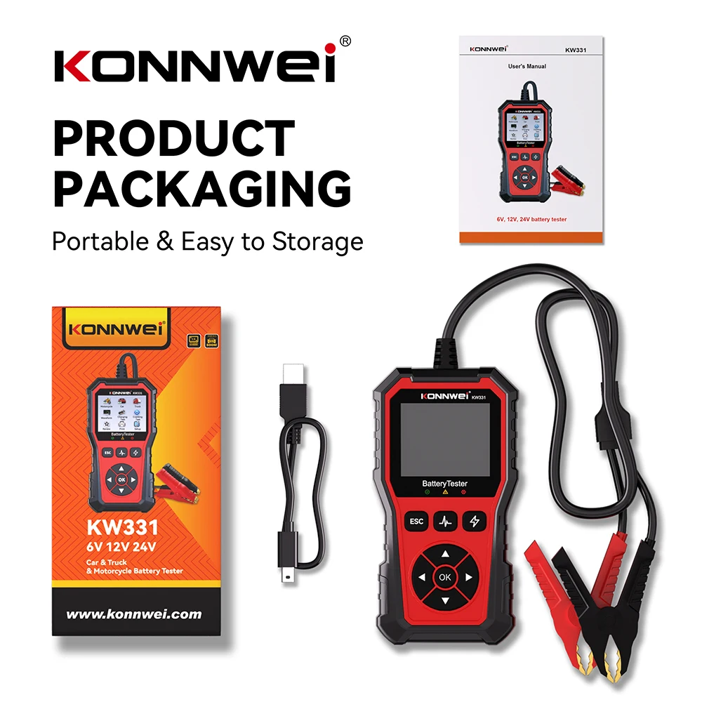 KONNWEI KW331 Multifunctional Automotive Battery Diagnostic Tool 6V 12V 24V Car Battery Tester Supports Multiple Languages