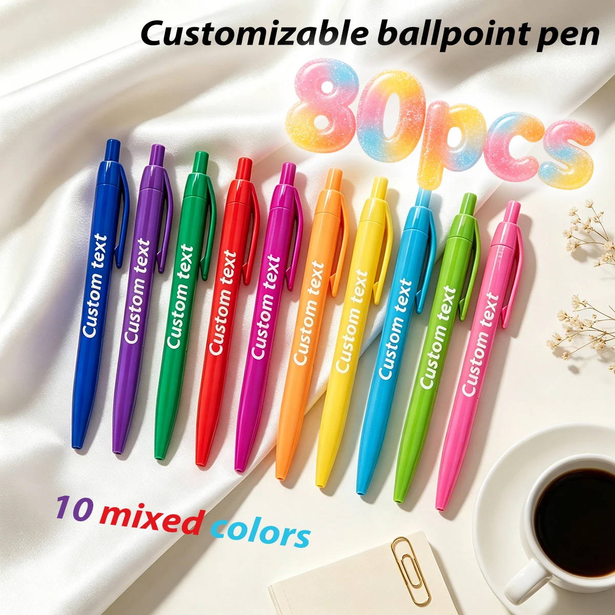 40/80pcs Customizable Text Ballpoint Pens 10 Colors Mixed Set Click-Type Personalized Office Wedding Party Gift Pens