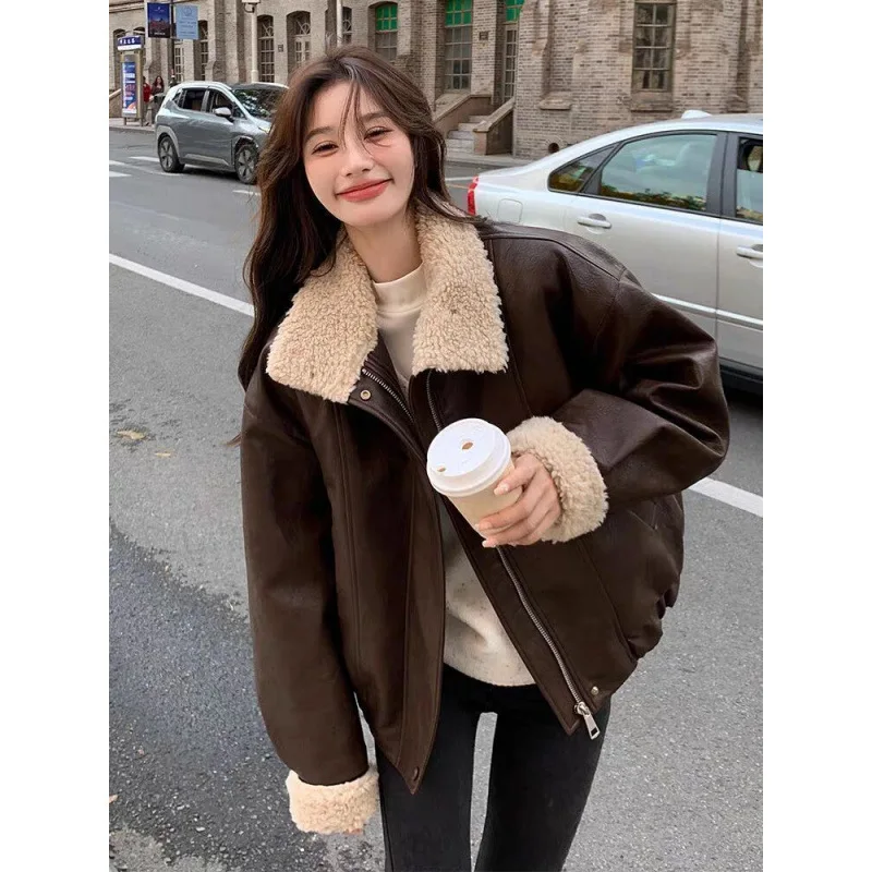 معاطف النساء سترات من الجلد الصناعي رفض طوق معطف صوف الضأن العمل Y2k الشارع الشهير سترة سستة ملابس خارجية الخريف الشتاء #2