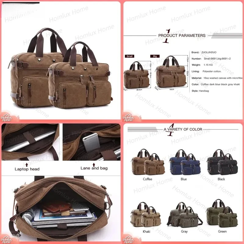Large Capacity Unisex Canvas Laptop Bag Satchel with Leather Lining Briefcase Handbag Travel Backpack for Men Women Business