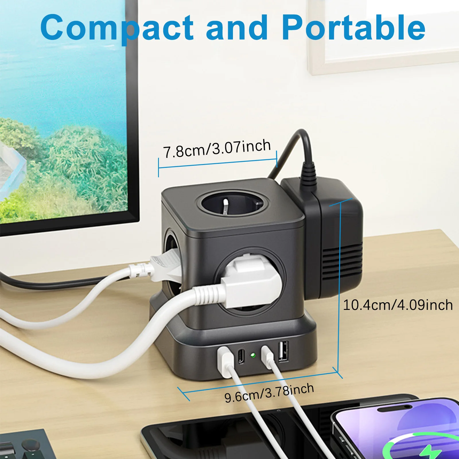 Power Strip Cube with 2 USB-A 2 USB-C Ports and 2m Cable 5 Way Socket 6 In 1 Travel Socket Cube Power Socket with Switch