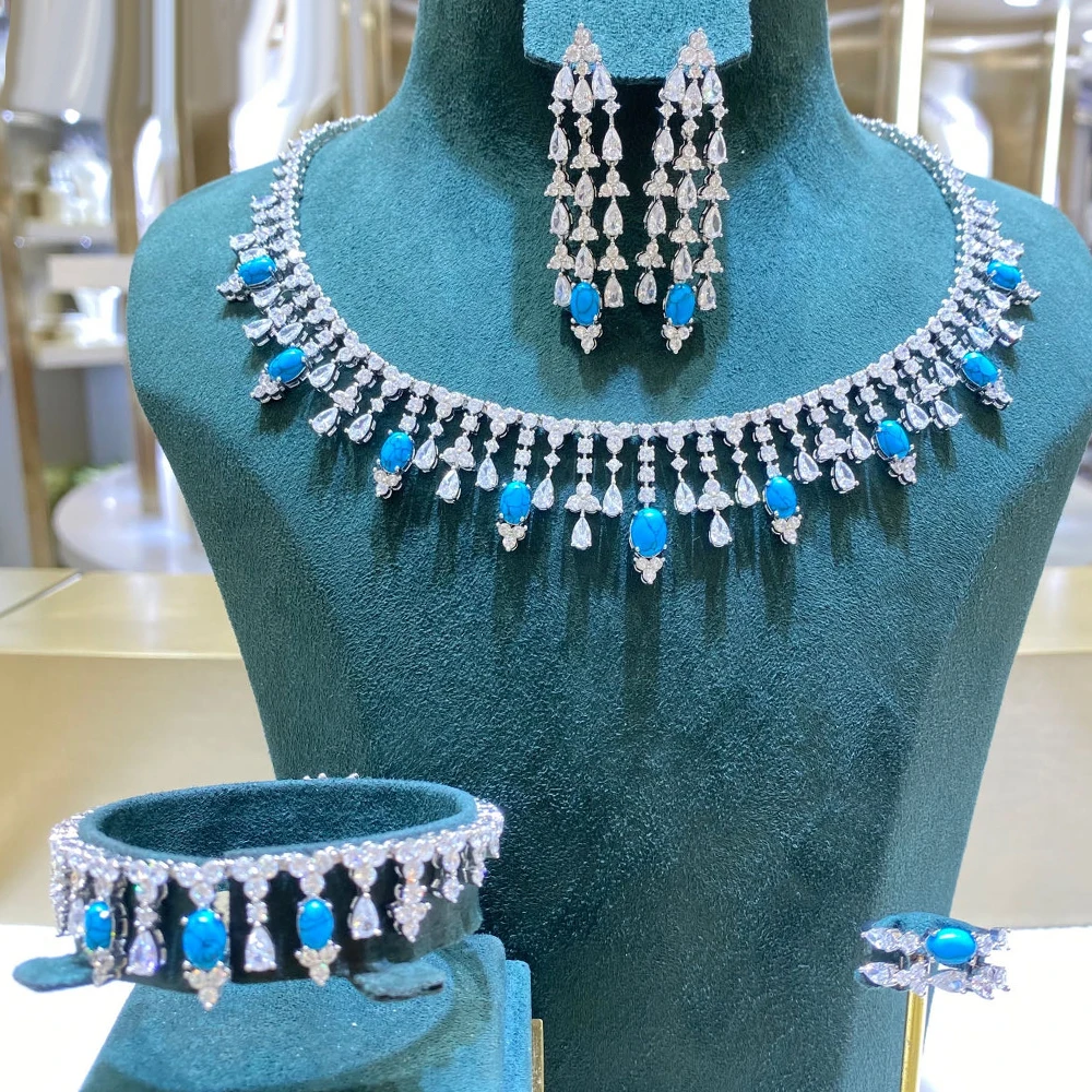 

019878 Elegant Turquoise Bridal Necklace Set for Women Cubic Zirconia Wedding Jewelry Sets African Brides Party Accessories Gift