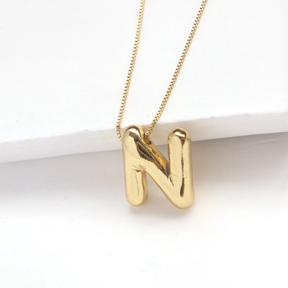 Gold Plated Copper Chunky Alphabet Balloon Bubble Initial Letter Pendant Necklace for Women Men Boy Fashion Jewelry