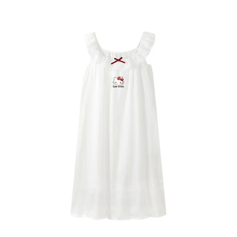 لطيف مرحبا كيتي منامة الدانتيل الأبيض ثوب النوم مع وسادة الصدر المرأة الصيف مريحة المنزل ملابس خاصة طالب فتاة النوم قمم