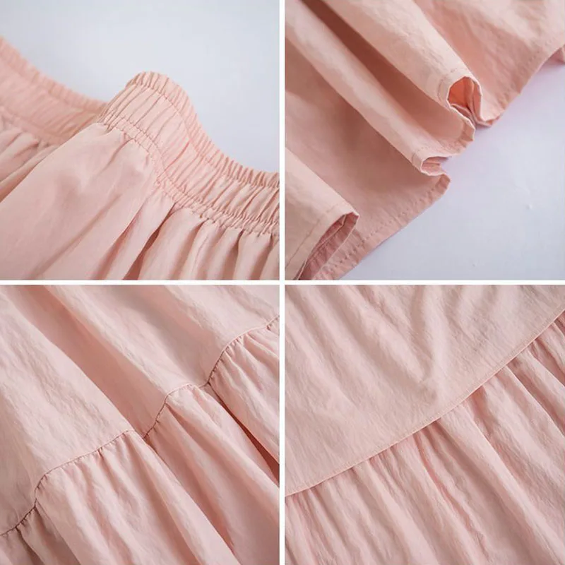 Lucyever Women Pink Pleated Skirts Korean Style High Waist Long Skirt Woman Solid Color Beach Vacation A-Line Skirt De Mujer