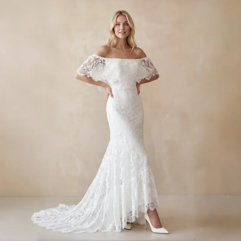 Boho Off-Shoulder Mermaid Scalloped Lace Wedding Dress Layered Lace Train Evening gowns Customizable
