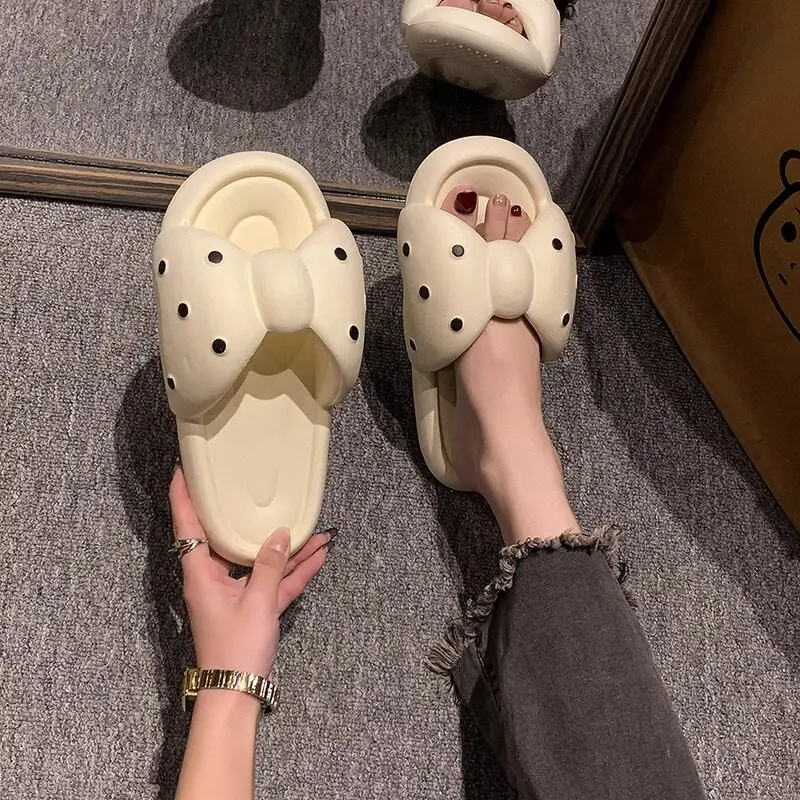 SHAJI Women's Bowknot Polka Dot Cloud Slides, Summer Anti-Slip Soft Comfort Casual Indoor Home Outdoor Beach Daily Wear Slippers
