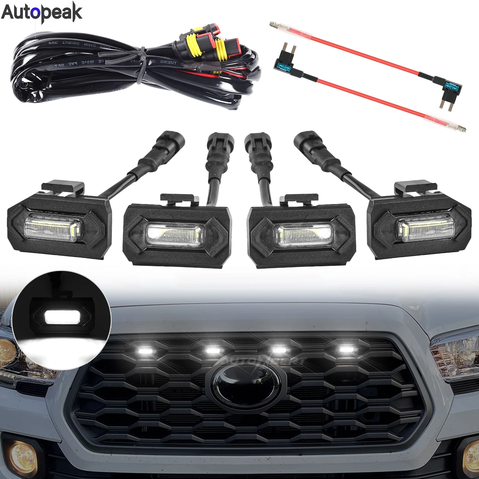 

4x 12V White Lens Front Grille 6 LED Grill Light with Wiring Harness Fuse Kit For Toyota Tacoma 2020 2021 2022 2023 TRD Pro DRL