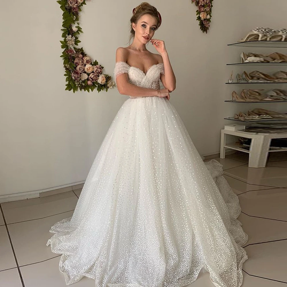 

2024 Classic Wedding Dresses Sweetheart-Neck Gowns Off The Shoulder Vintage Tulle Pleat Bridal Dresses A-Line Floor-Length Robe