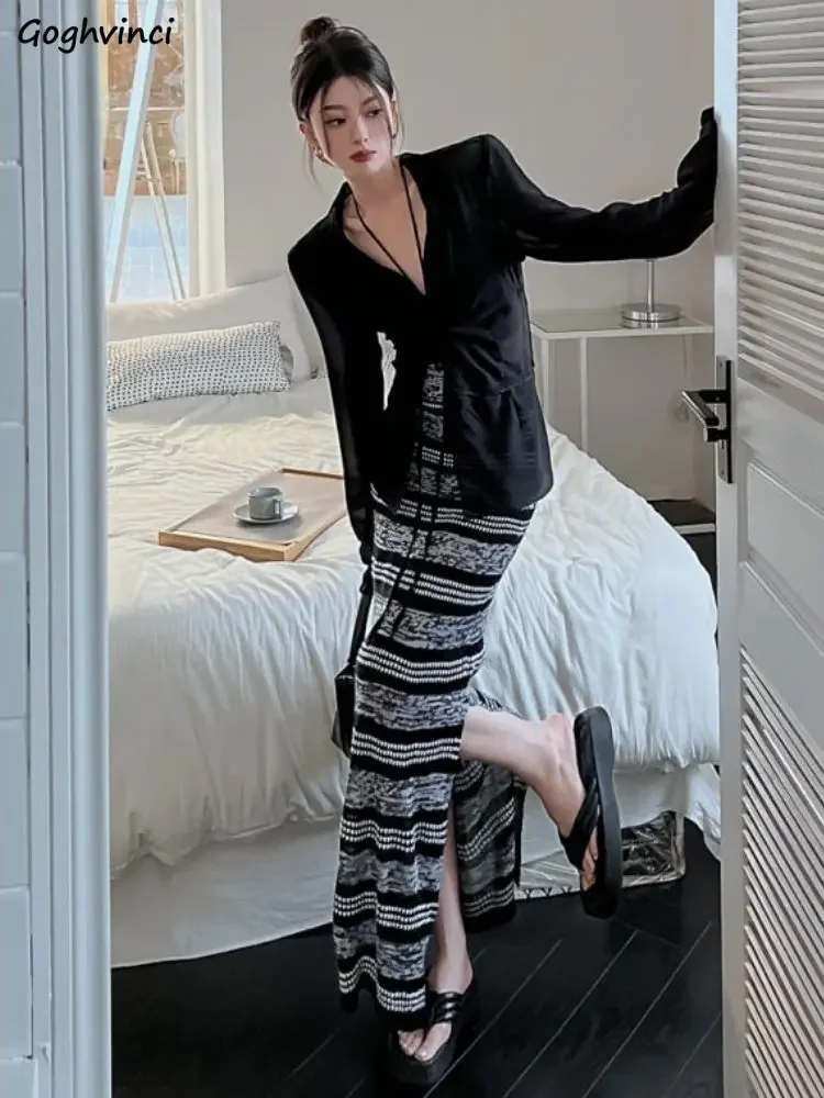 Sexy Three Pieces Sets Women Summer Sun-proof Shirts Hotsweet Simple Camisoles Slim All-match Striped Skirts Graceful Ulzzang