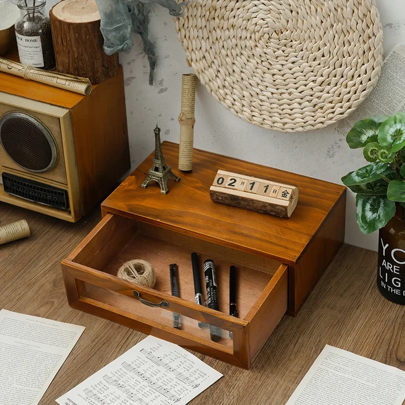 Wooden Drawer Storage Box Computer Monitor Office Desktop  Increased Shelf Cabinet Dressing Table Organizer