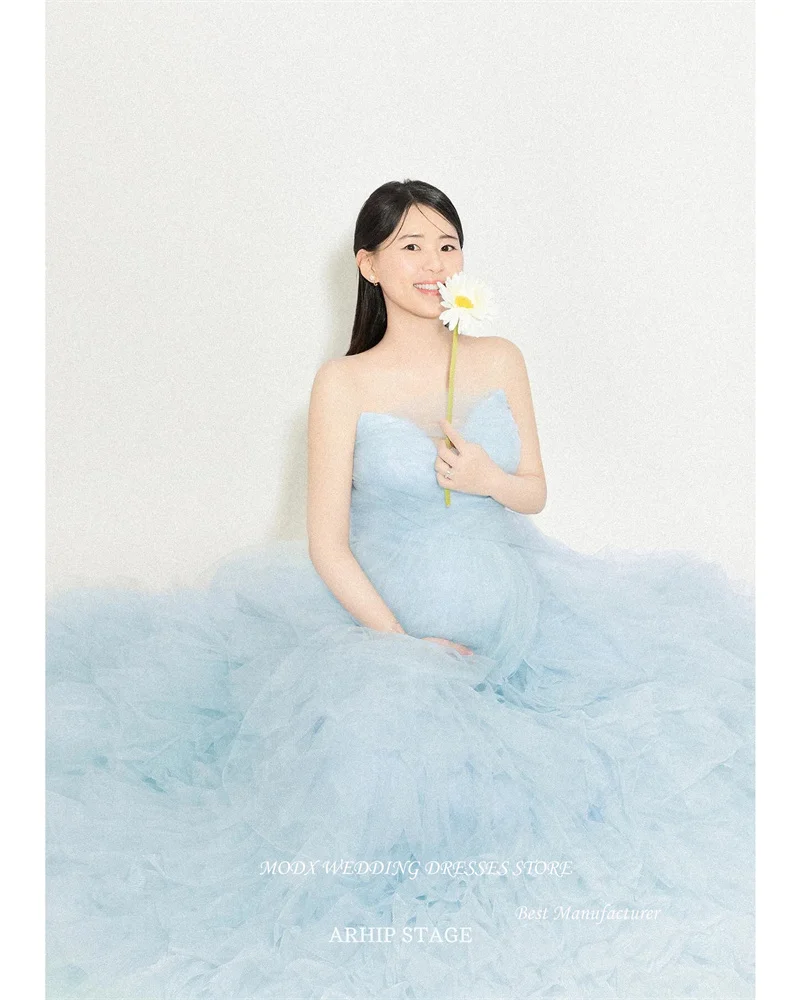 MODX-vestidos de novia elegantes de tul azul claro, sesión de fotos de Corea para embarazadas, tirantes finos, vestidos de novia escalonados, vestido de fiesta de noche