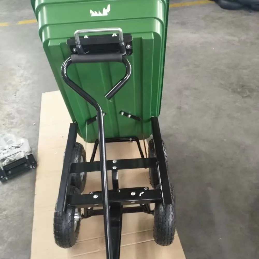 Four-wheel hand-push flatbed tipping folding agricultural transport vehicle for home use.