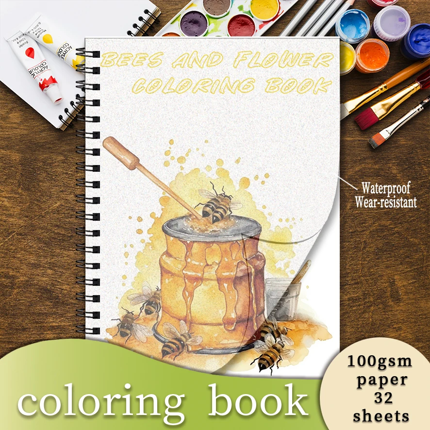 Coloring Book - 8.3 x 11.2 inches 32 pages bees and flowers coloring book - ideal gift for family or friends