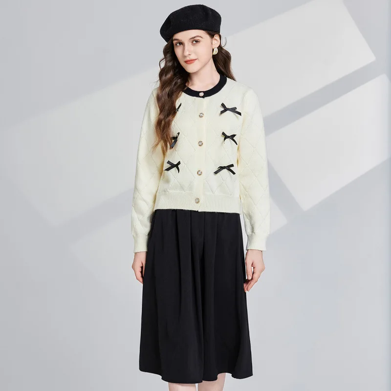 

High Quality New Fashion Women Auutmn Winter 2 Piece Set Knitting Cardigan Bow Coat Sweet Warm Soft +Casual Skirts Set