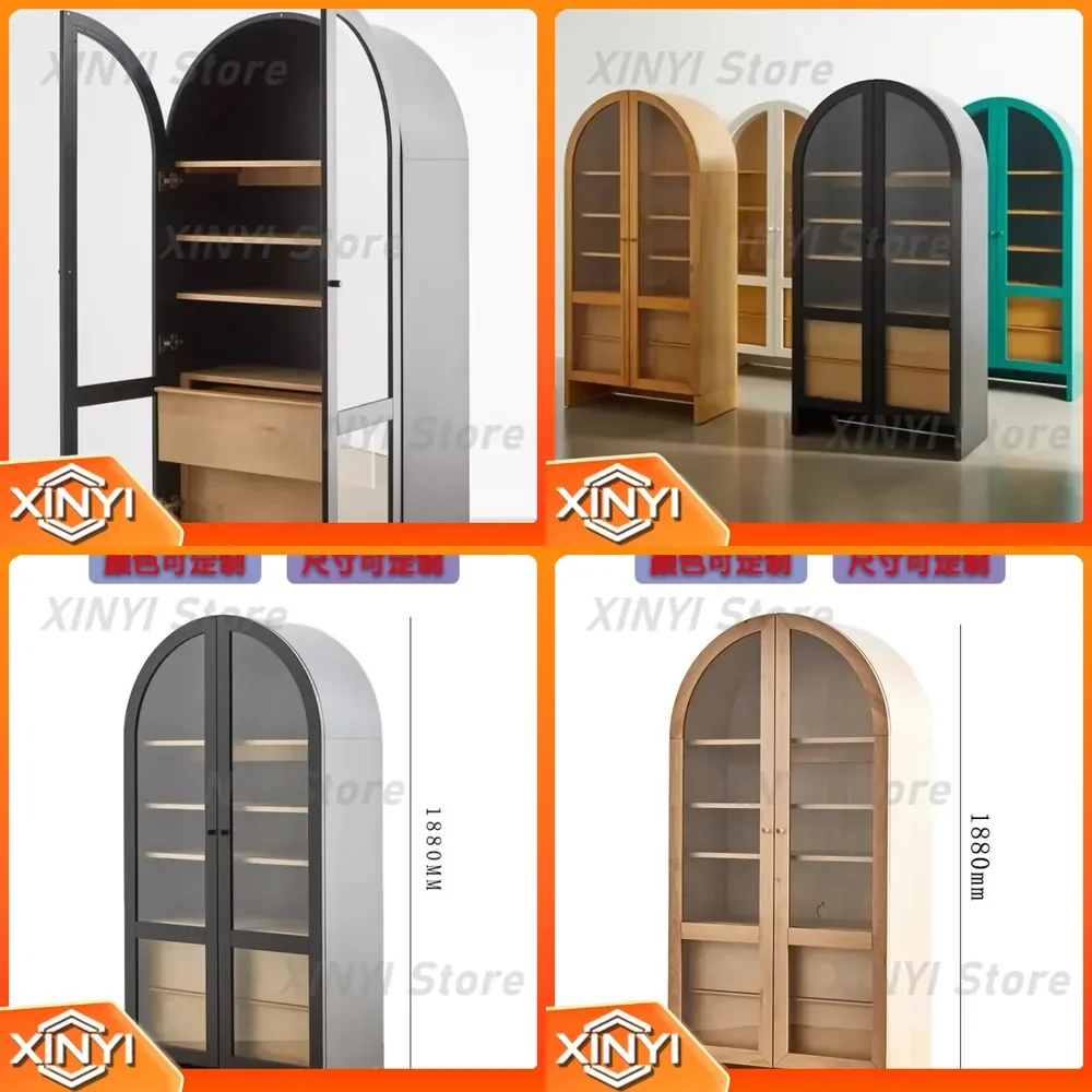 American Arched Bookcase for French Retro Wine Cabinet Nordic Solid Wood Customizable Household Glass Door Dining Side