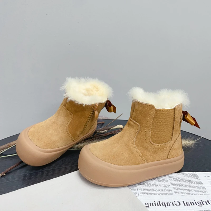 2024 Genuine Leather Girls Snow Boots With Fur Plush,Solid Suede Bowtie-knot Winter Shoes For Children Girls,Baby Warm Boots