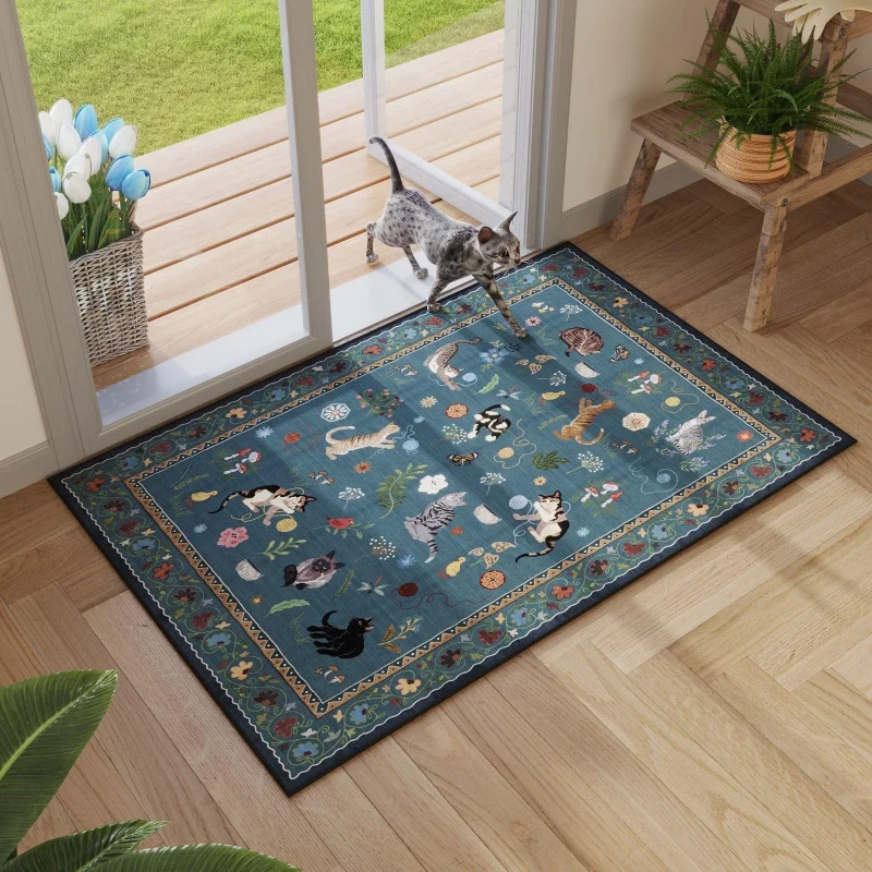 VIKAMA Whimsical Cat & Floral Area Rug, Non-Slip Washable Teal Carpet, Cute Kitten Botanical Print Floor Mat for Living Room