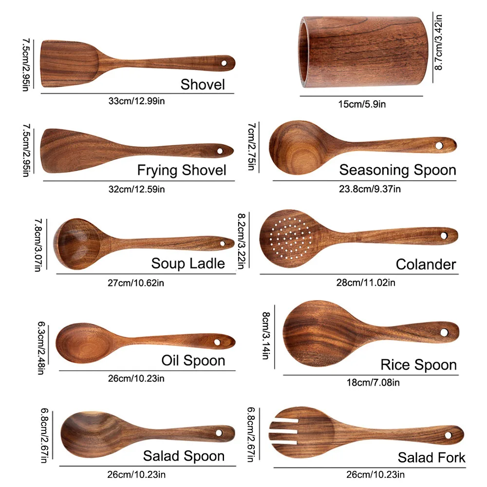 Wooden Kitchenware Cooking Shovels Spoon Colander Kitchen Utensils Set Household Cutlery Rack Teak Natural Wood Cookware