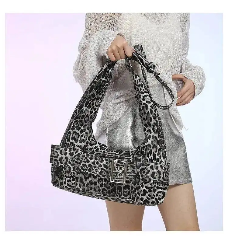 Bloom Leopard Print Y2k Shoulder Purse Women Retro Casual Crossbody Bag Female High Street Hobos Bags Handbag Aesthetic