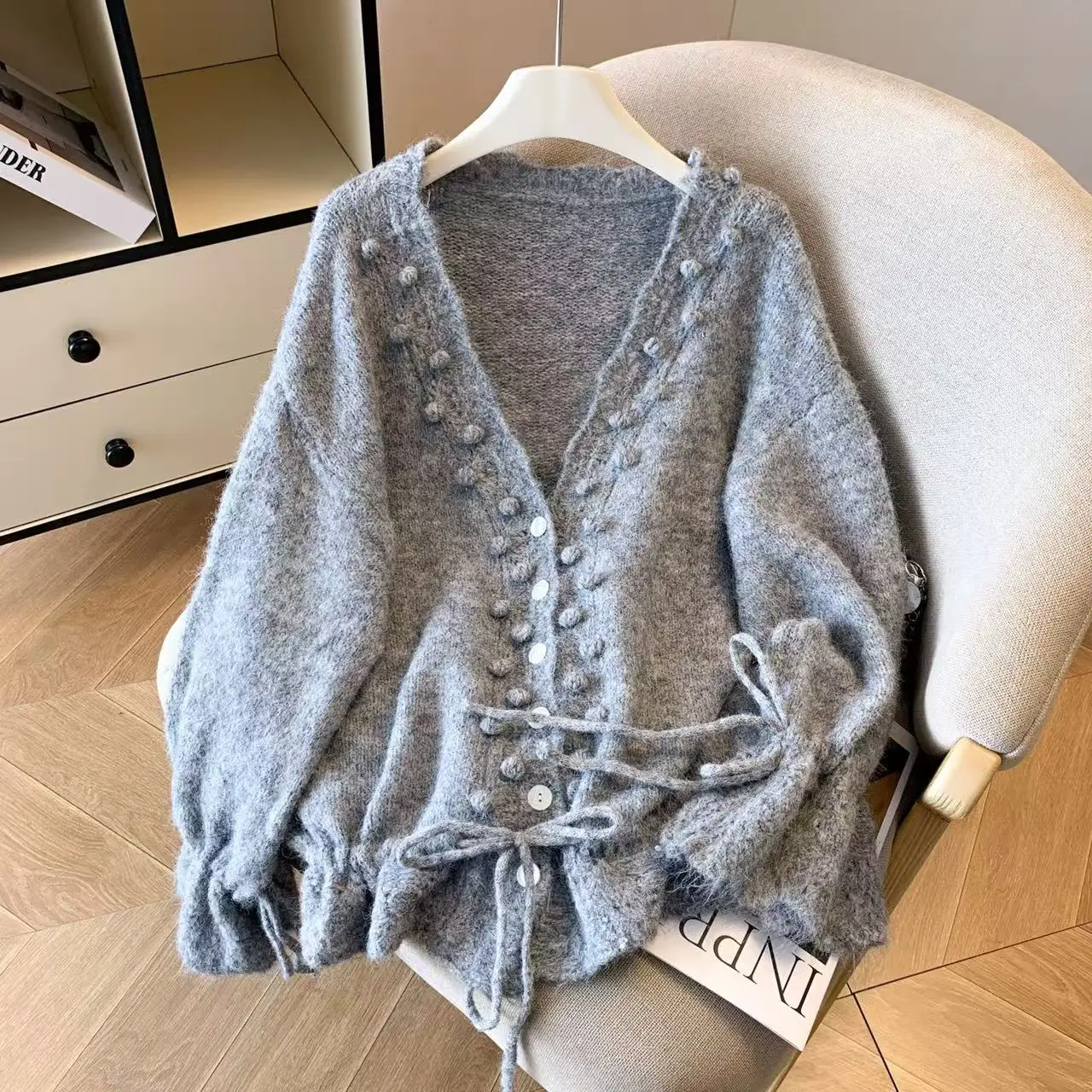 

Women's V-neck Loose Drawstring Sweatshirt Knitted Cardigan College Style Spring Autumn Female Long Sleeved Knit Thin Coat
