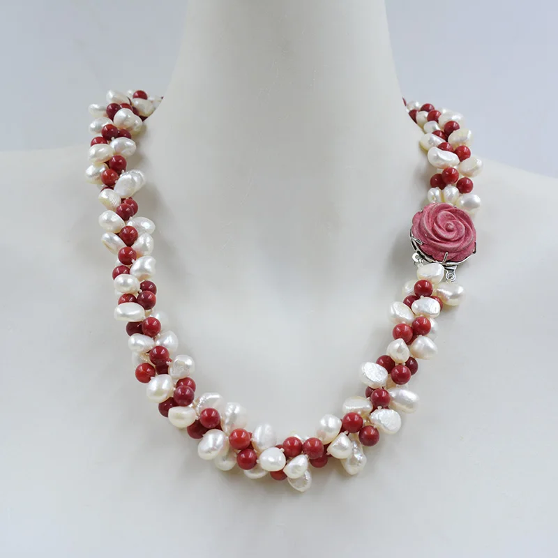 

3 strands 7MM AAA natural cultured baroque pearl red coral necklace. design birthday party gift jewelry for women 46CM