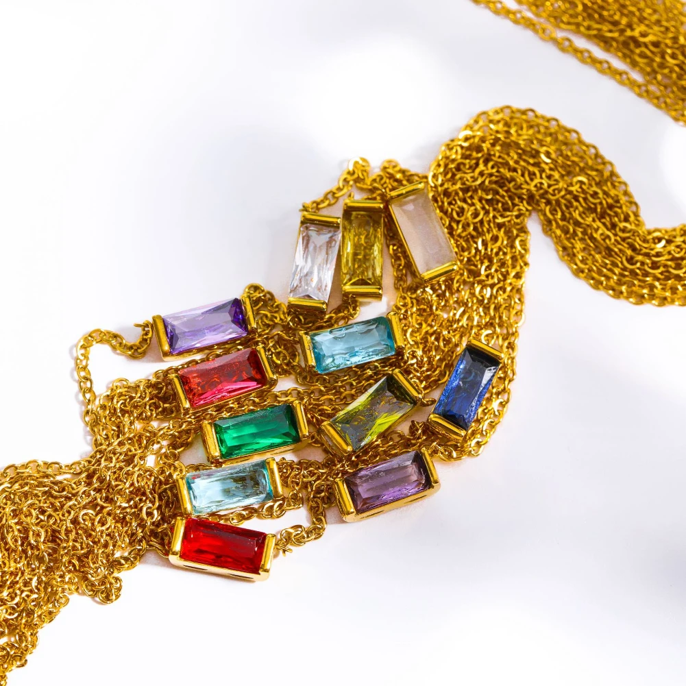 Collana con ciondolo rettangolare con zirconi colorati alla moda, catena in acciaio inossidabile placcato oro 18 carati, gioielli da festa per le donne