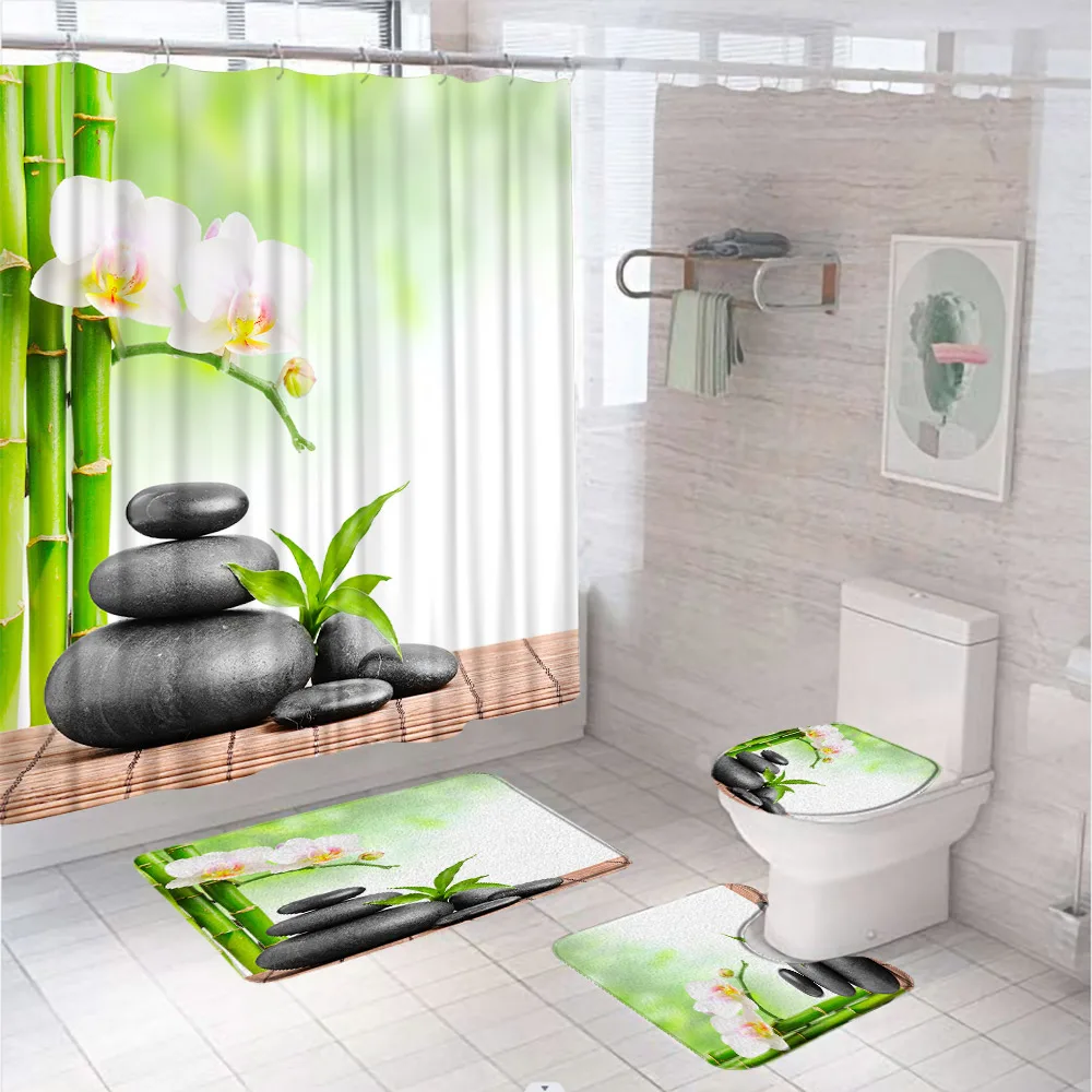 4Pcs Black Zen Stone Flower Shower Curtain Set Green Bamboo Garden Scenery Bathroom Decor Non-Slip Rug Toilet Lid Cover Bath Mat