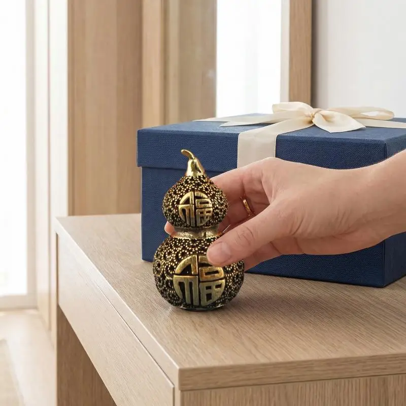 Brass Wu Lou Gourd Feng Shui Hollow  Accent for Good Luck and Health Traditional Craft for Shelf Decor