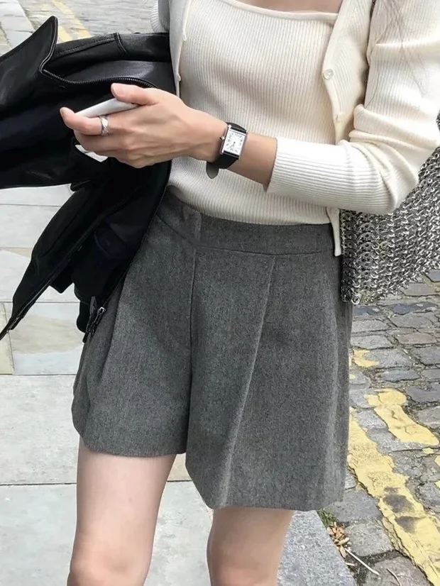 Miss Candy OUNCE Half Elastic Waist Loose Wide Leg Slimming Woolen Pleated Suit Pants Women's High Waist Cargo Summer Shorts