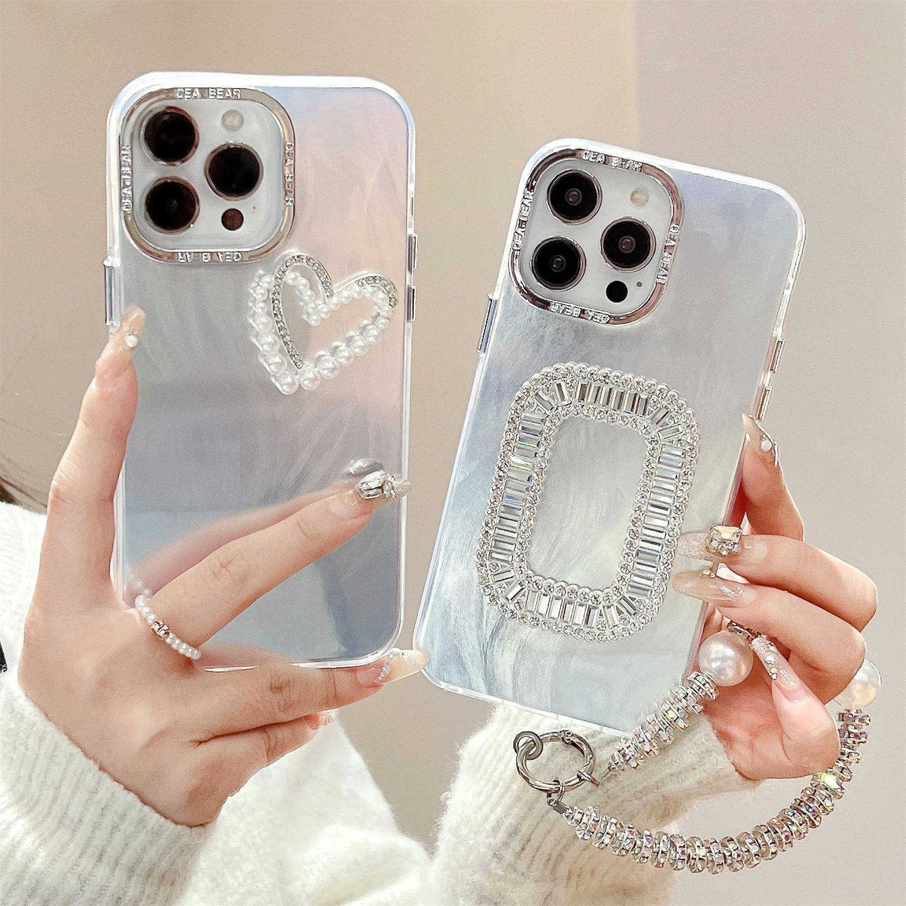 

Luxury Korean Cute Pearl Love Heart Glitt Phone Case with Chain for iPhone 11 12 13 14 15 Pro Max Rhinestone Back Cover