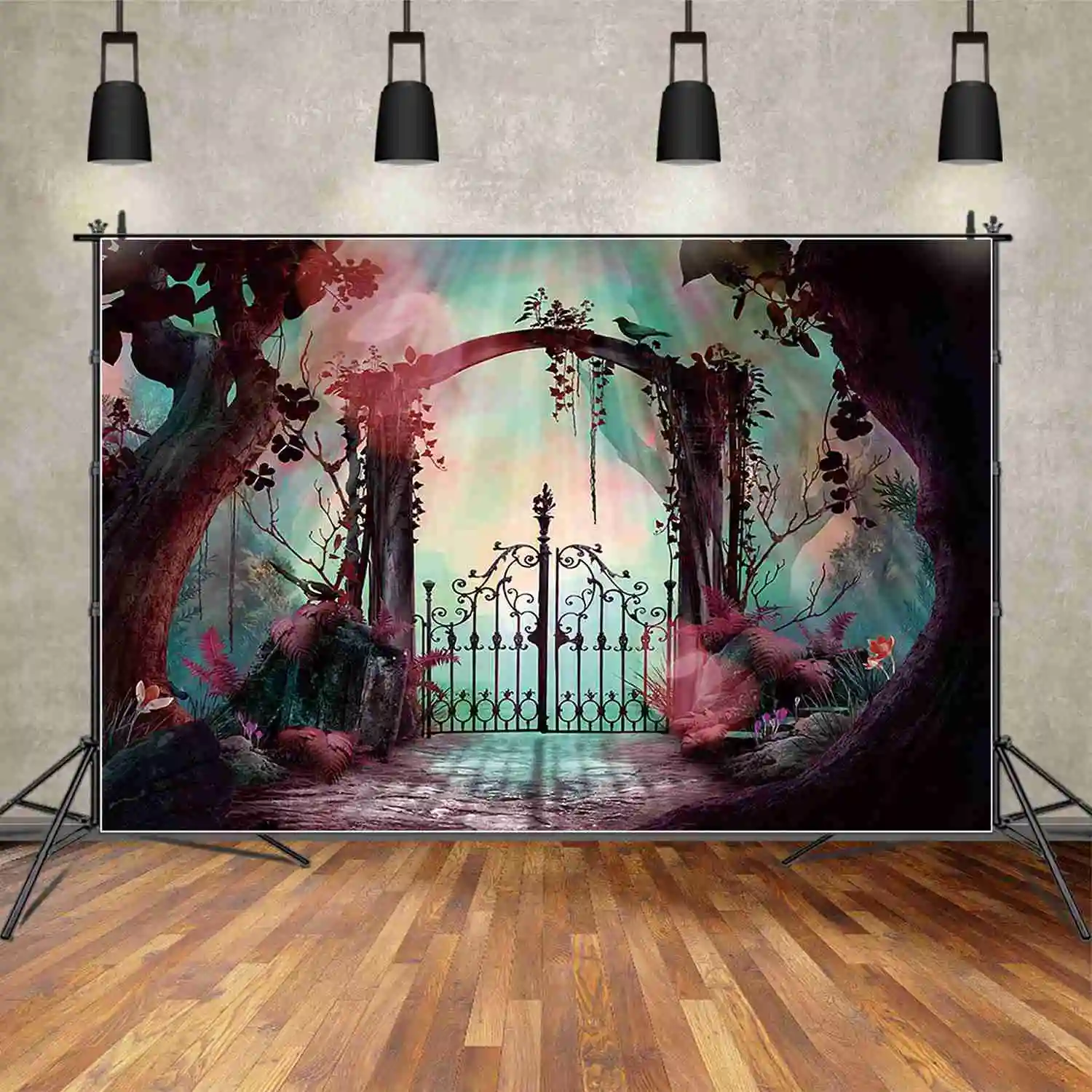 MOON.QG Alicja w krainie czarów dziewczyna urodziny tło imprezowe bajkowy las zamek motylkowy tło spersonalizowane rekwizyty fotograficzne