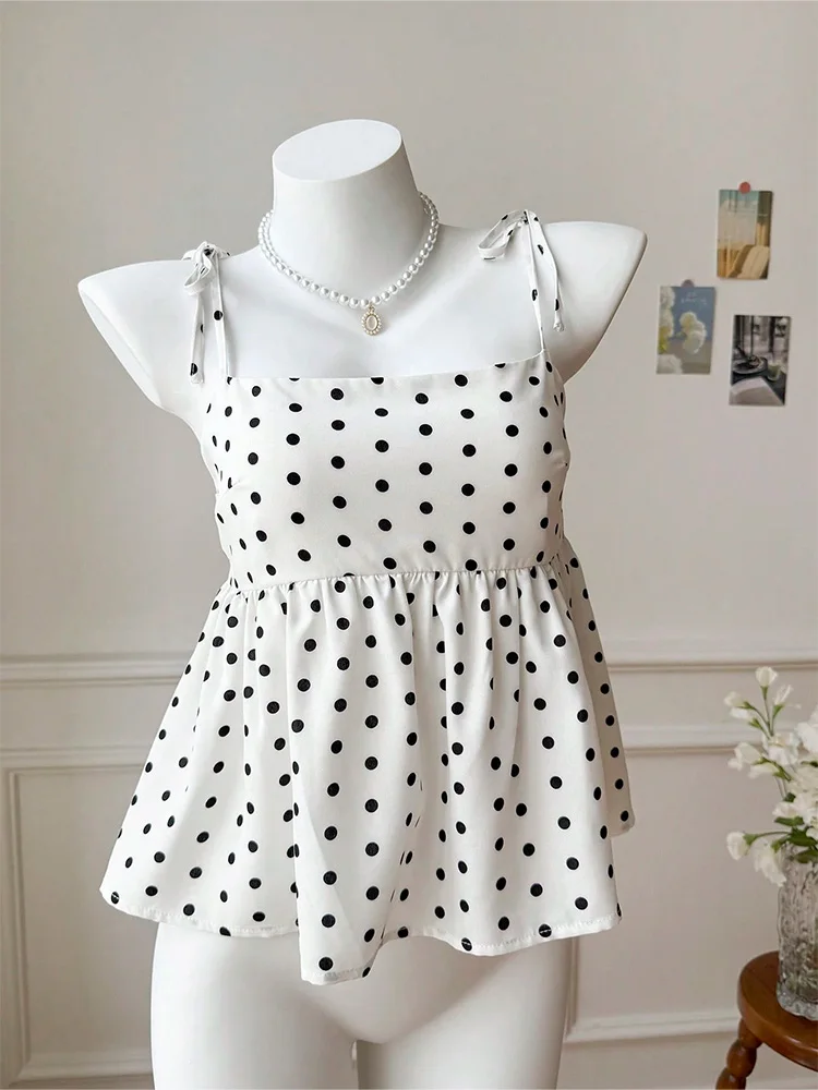 Summer Polka Dot Tie Strap Square Neck Smocked Back Peplum Hem Cami Top Daily Cute Sweet Y2K Vintage Trendy New Women's Vest